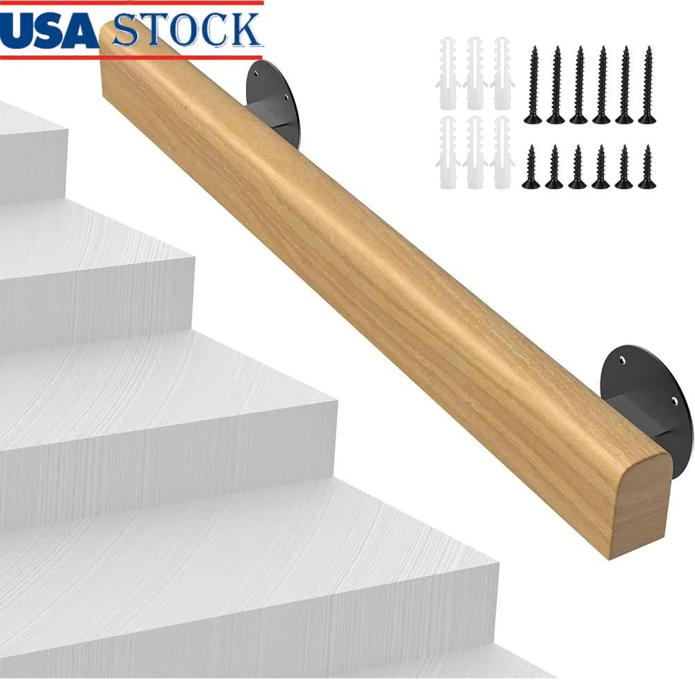 2FT Wooden Stair Handrail Non-Slip Sturdy Wall Mount Pine Support Indoor Outdoor Safety Handrails Easy Installation