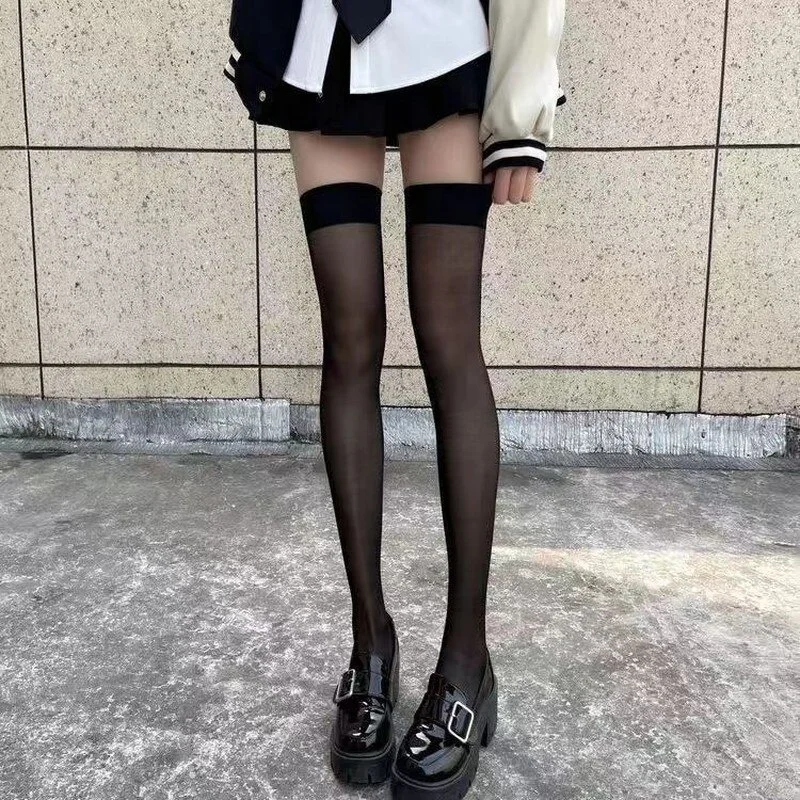 Calcetines largos por encima de la rodilla con borde rojo para mujer, medias altas hasta el muslo transparentes de encaje gótico, medias sólidas de seda fina Punk JK