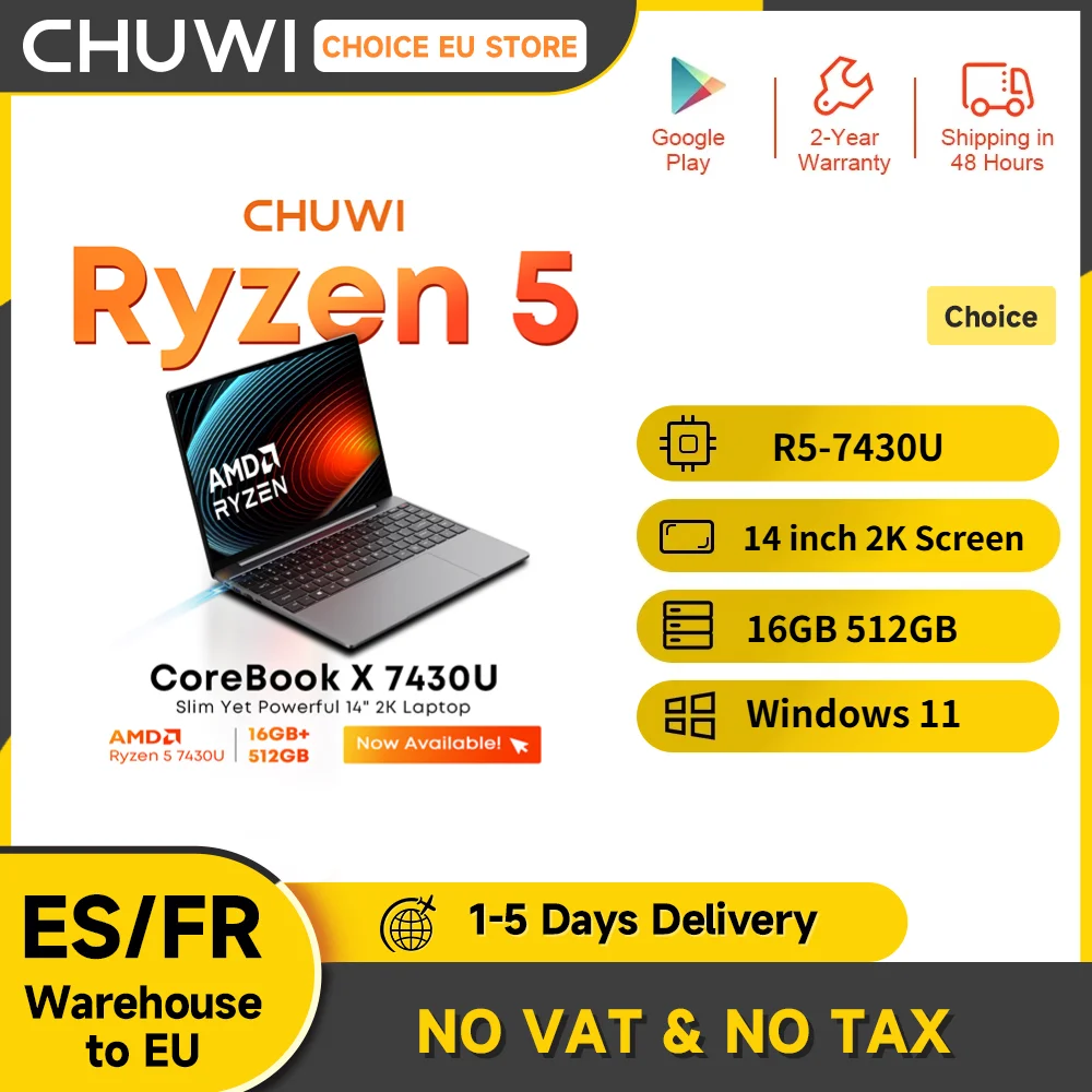 CHUWI CoreBook X AMD R5-7430U 2025 nuevo ordenador portátil 6 núcleos pantalla FHD IPS de 14,1 pulgadas 16GB DDR4 RAM 512GB SSD hasta 4,3 Ghz Notebook
