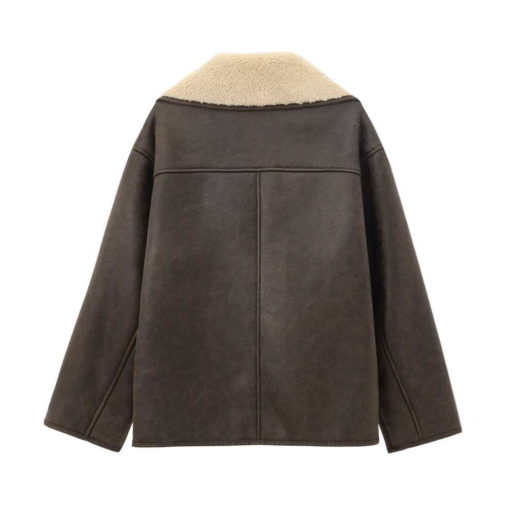 Pocket Decor Single breasted Warm Coat Autumn/Winter Fleece Collar Long Sleeve Women's Jacket Coat