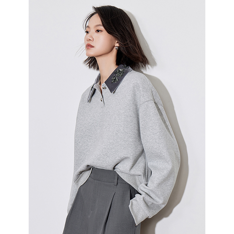 TOYOUTH เสื้อกันหนาวมีฮู้ดผู้หญิง 2024 ฤดูใบไม้ร่วงใหม่ลูกปัดเย็บปักถักร้อยเปิดลงปกเสื้อแขนยาวสีเทา