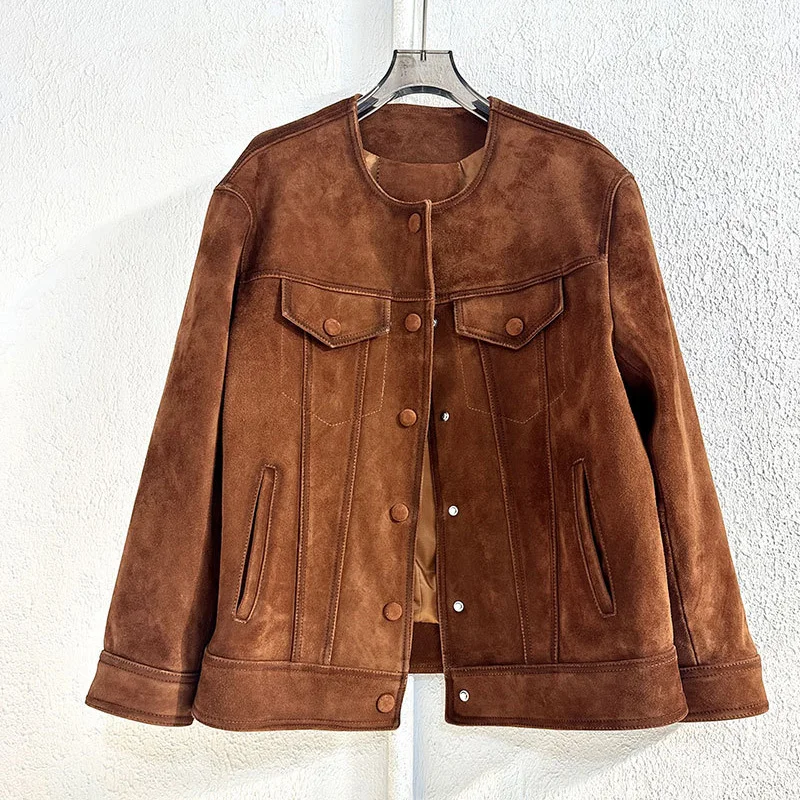 Importierte Wildleder Ziege Lederjacken 2024 fallen neue Damen Echt lederjacke lässig O-Ausschnitt weibliche braune Lammfell Mäntel Tops