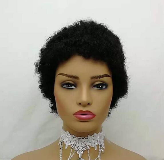 Peluca rizada Afro de corte corto, cabello humano, Color Natural, sin encaje