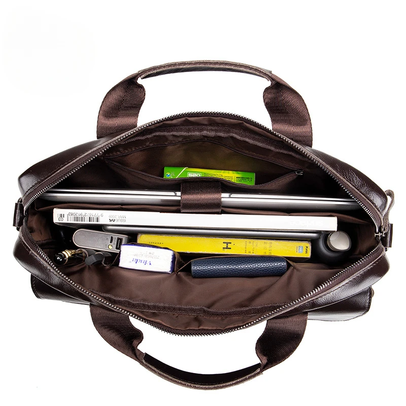 Maletín de cuero genuino para hombre con bolsillos frontales dobles, bolso para ordenador de gran capacidad, bolso cruzado Diagonal, maletín para ordenador portátil