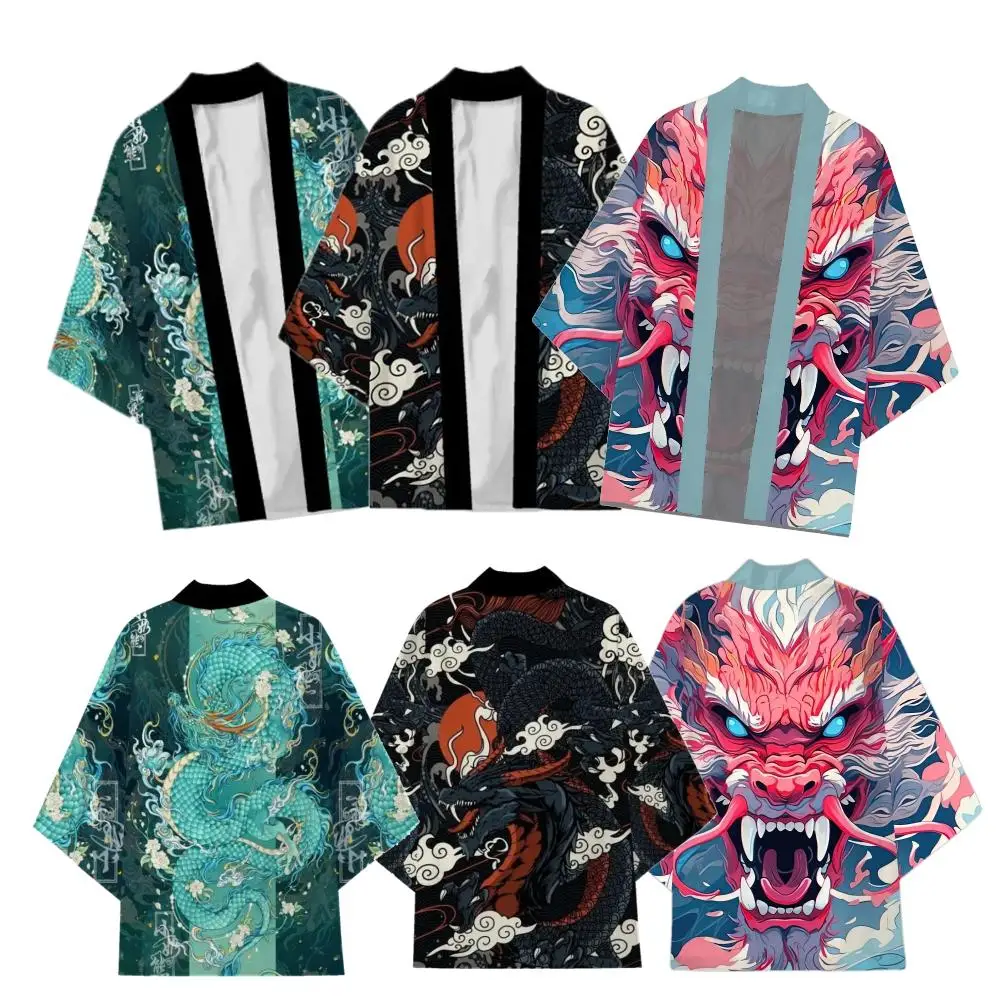 Kimono tradizionale samurai giapponese uomo donna Anime Dragon stampato cardigan allentato verde manica 3/4 camicia Harajuku Haori Coaplay
