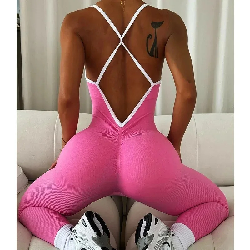 Frauen Nahtlose Sport Overall Rippen Schlank Lauf Body Gym Workout Sportswear Mode Farbe Block Hohe Elastische Yoga Anzug