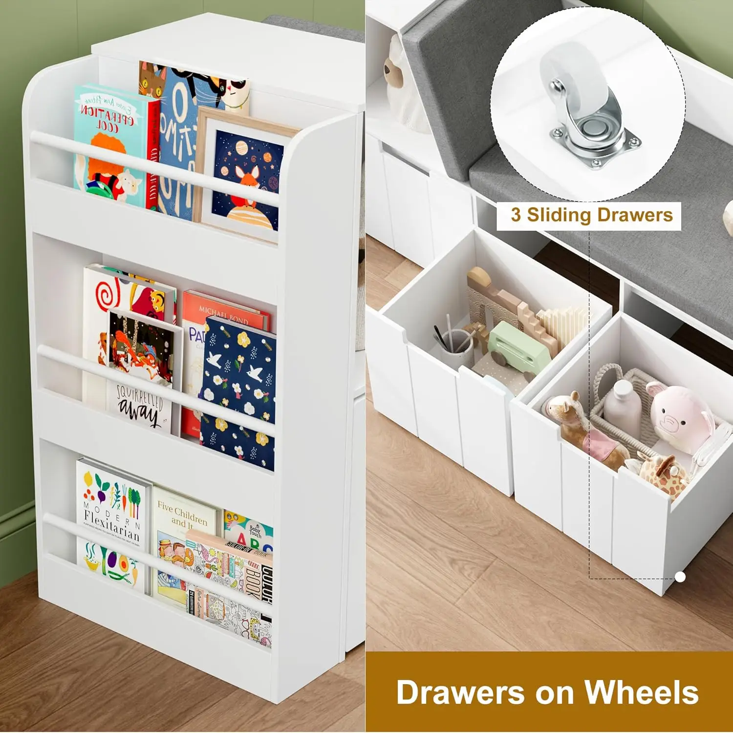 61.5" Kids Reading Nook with 3-Layer Bookshelf, Reading Nook for Kids with Double Bench and Rolling Drawers, Kids Bookshelf and