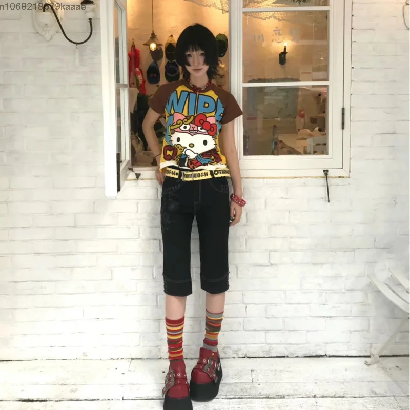 Sanrioハローキティ半袖Tシャツ、アニメファッション、夏のかわいいTシャツ、漫画のプリント、ハイストリートゴシック、新作、y2k