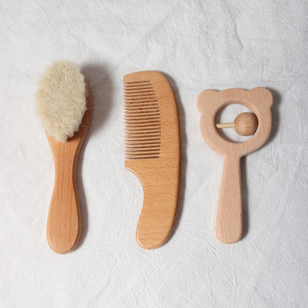 Conjunto de escova de pente para bebês, conjunto de presente para recém-nascidos, lã natural, faia, pente de madeira, babador, chupeta, clipe, escova de cabelo para crianças