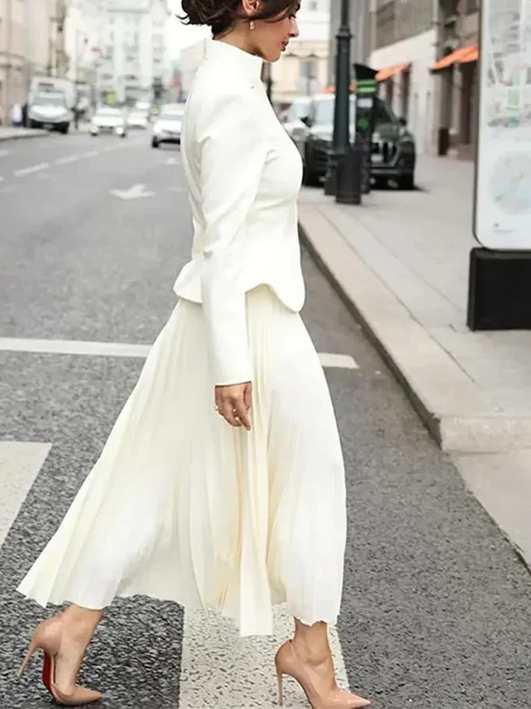 TWOTWINSTYLE Solide Zwei Stück Set Für Frauen Stehen Kragen Langarm Verstärktes Taste Tops Hohe Taille Rock Chic Set Weibliche Mode