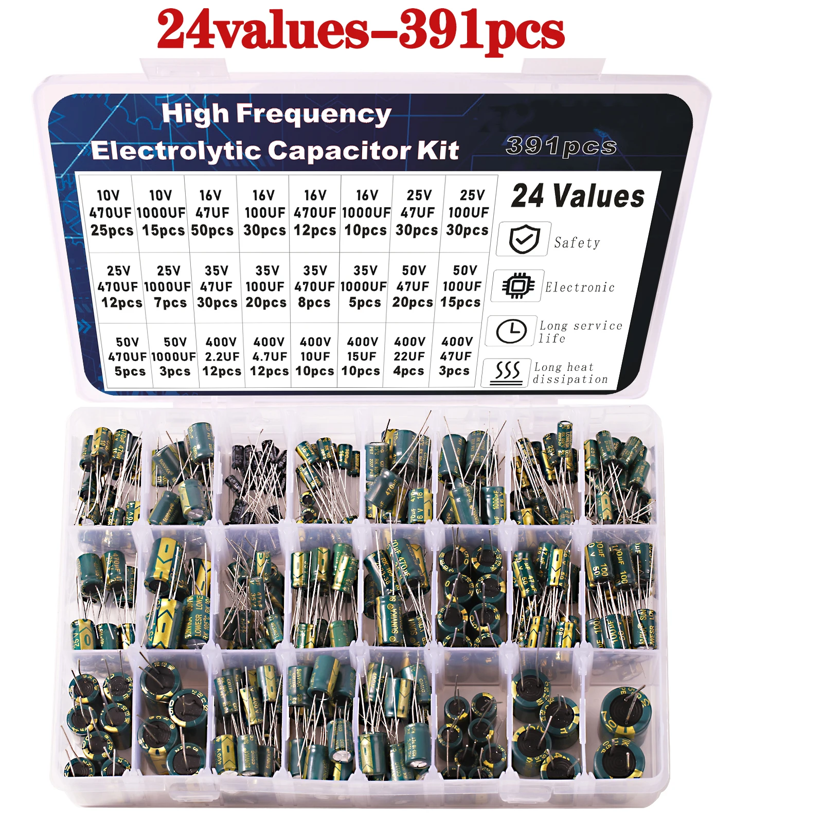 Kit de condensadores electrolíticos surtido de alta frecuencia 10v 16v 25v 35v 50v 400v 10uf 100uf 470uf 1000uf
