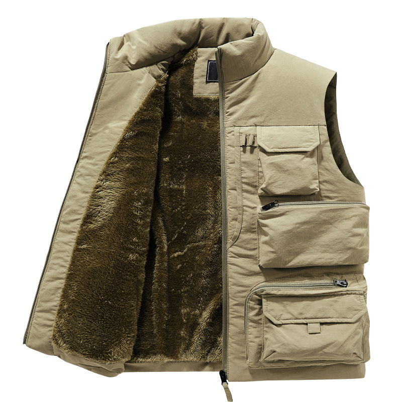 2024 New Men's Cargo Vest Winter Thick Fleece Warm Sleeveless Jacket Solid Color Tactical Coat Men Pockets Work Waistcoat 6XL