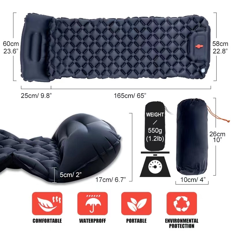 Matelas de couchage auto-gonflant ultraléger avec oreillers, matelas gonflable avec pompe à air intégrée, matelas de camping