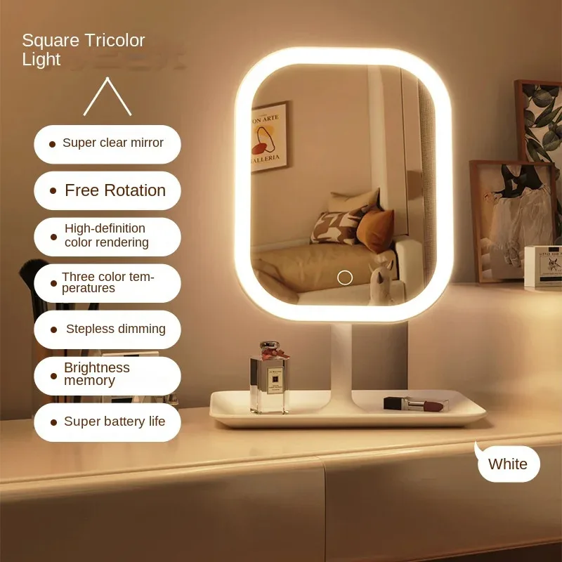 Espejo de tocador de escritorio moderno de nicho, espejo de maquillaje LED con luz de 3 colores, espejo táctil, espejo de tocador para dormitorio de mujer