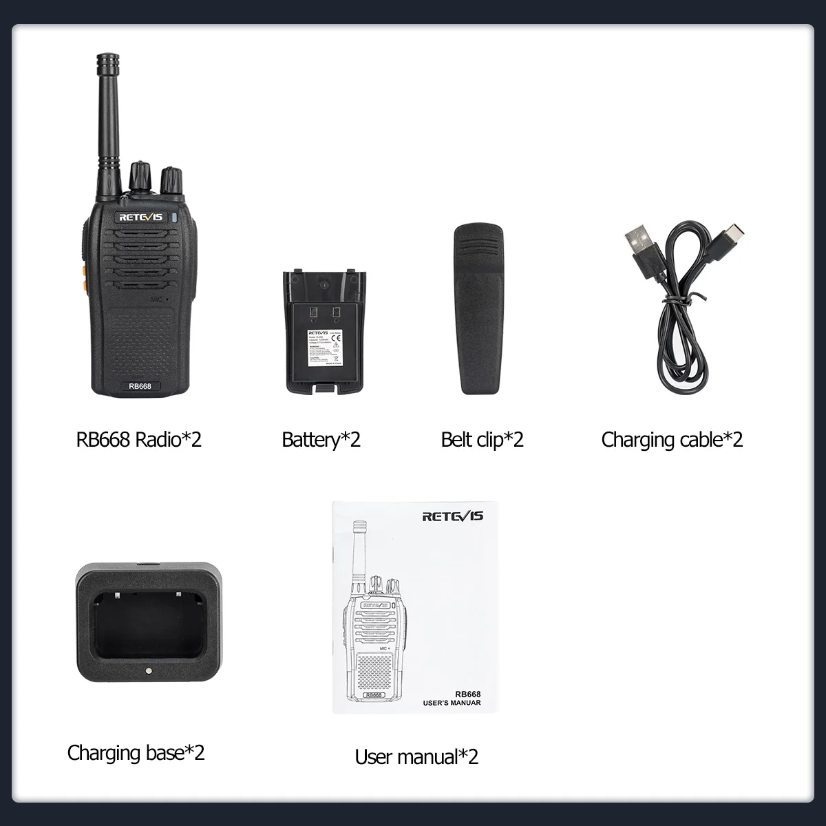 Retevis RB668 Walkie Talkie 2 Stück inklusive tragbare Walkie-Talkies Typ-C Aufladung VOX Zweiweg-Funkgeräte für den Einzelhandel