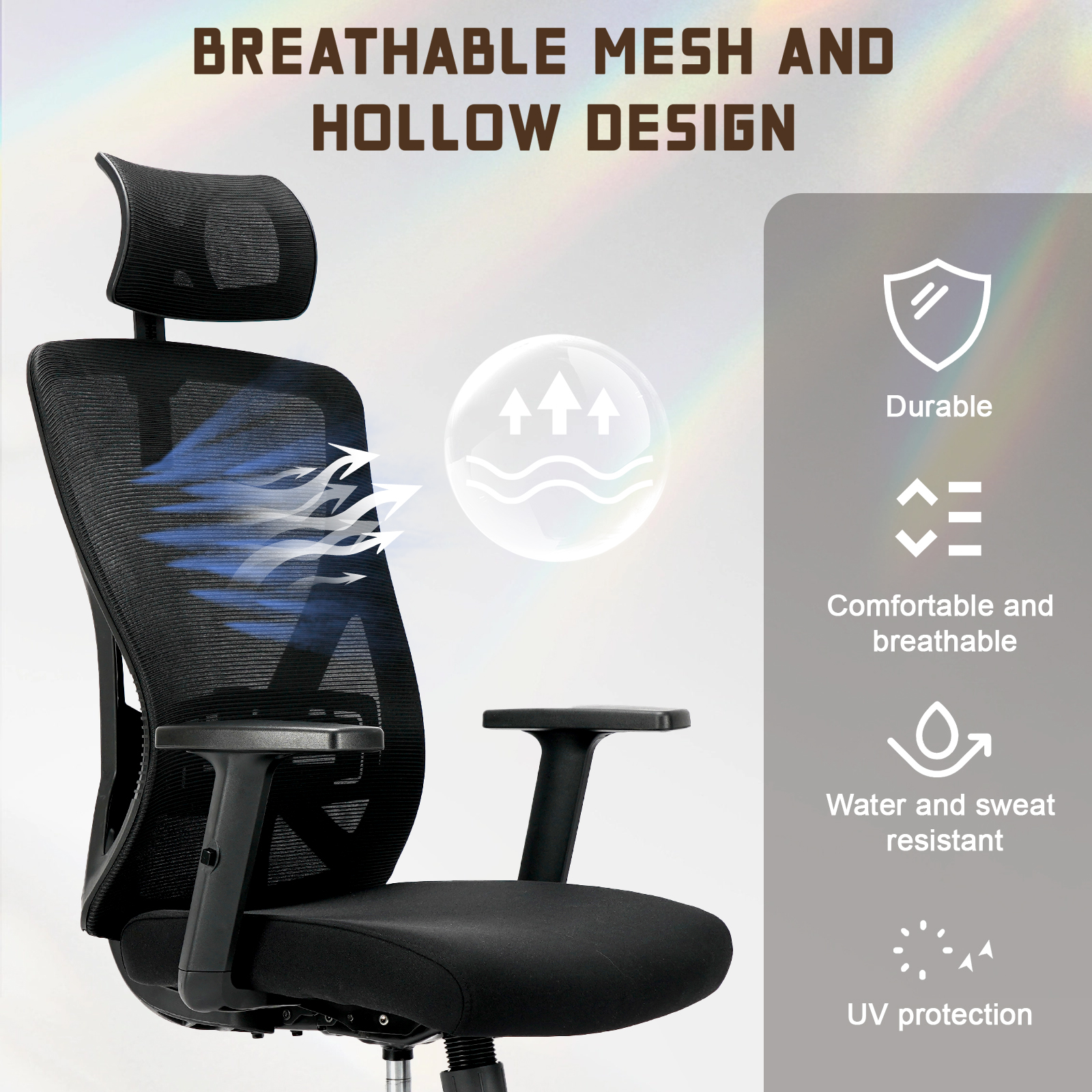 Durafy Ergonomische bureaustoel, verstelbare hoofdsteun, armleuningen, lendensteun, in hoogte verstelbaar, kantelfunctie, draagvermogen 150 kg