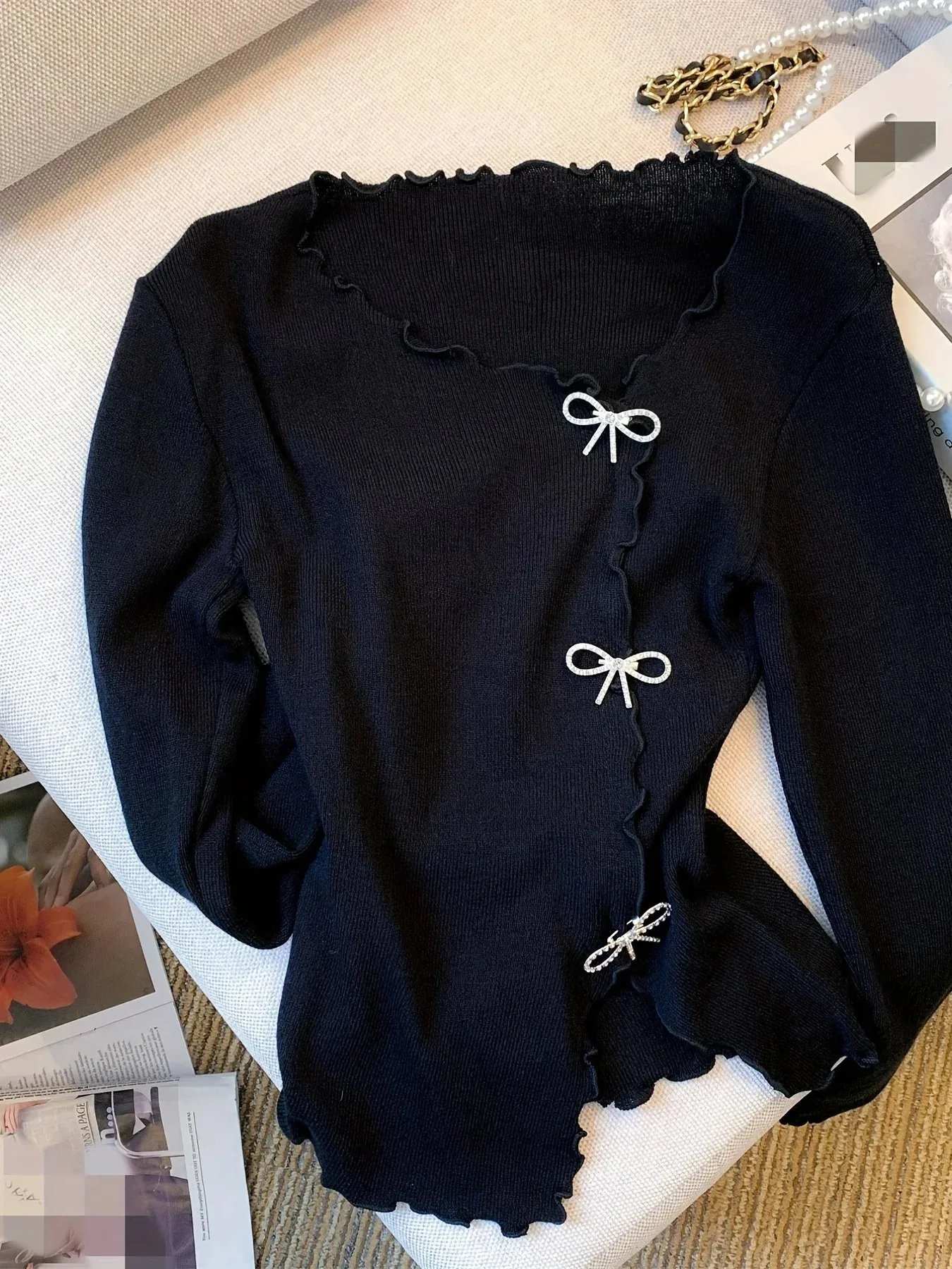 สีดํา/สีขาวผักกาดหอม Trim Bowknot เสื้อกันหนาว Y2K เสื้อลําลองแขนยาวสําหรับฤดูใบไม้ผลิและฤดูใบไม้ร่วงผู้หญิงเสื้อผ้า