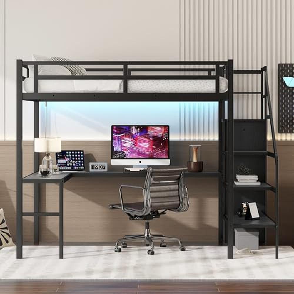 Full Size Gaming Loft Bed L-Shaped Desk Wardrobe Adjustable Shelf LED Charging Station Meta Loft Bed Kids Cozy Gaming Learning