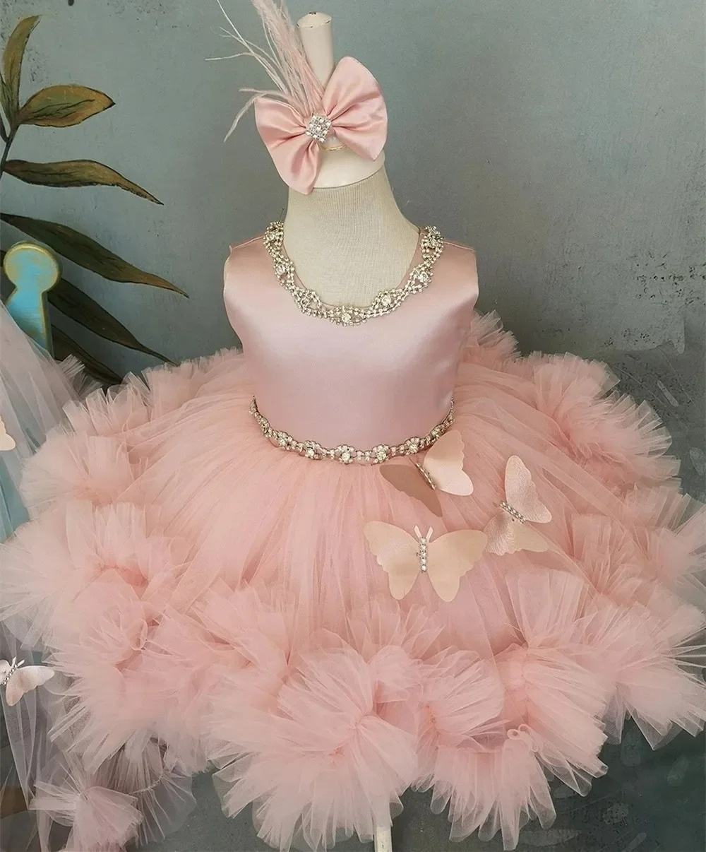 Puffy Girl Dress Pink Baby Dress with Train Flower Girl Dress Bow Cute Kid's Child Birthday Dresses Frist Communion Customized