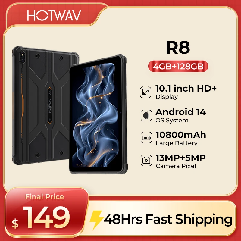 HOTWAV R8 Tablet robusto Android 14 10,1 polegadas HD + 10800mAh Bateria 5MP + 13MP Câmera tablets 4GB + 128GB tablet de 8 núcleos Global