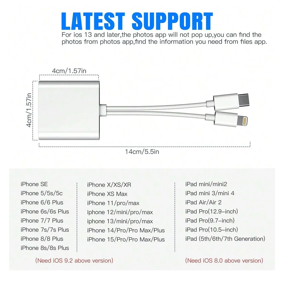 เครื่องอ่านการ์ด 2 ใน 1 แสงและอะแดปเตอร์กล้องการ์ด USB C SD/TF เครื่องอ่านการ์ดหลายตัวพร้อมช่องคู่, Plug and Play สําหรับ iPhone 16 14