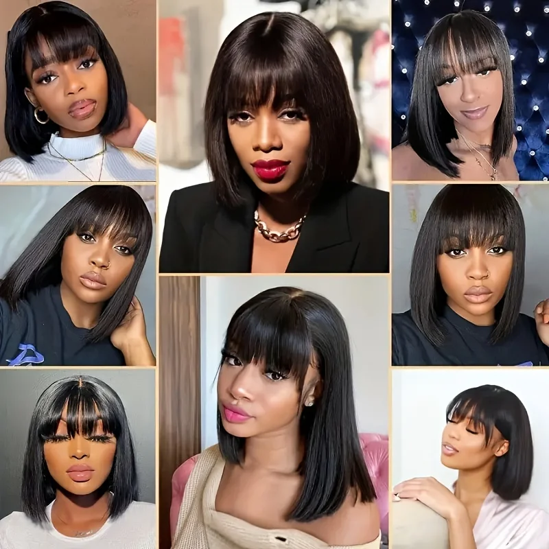 Peruca de Bone Straight Short Bob com franja para mulheres negras, 100% cabelo humano, perucas da parte média, escolha, renda 3x1
