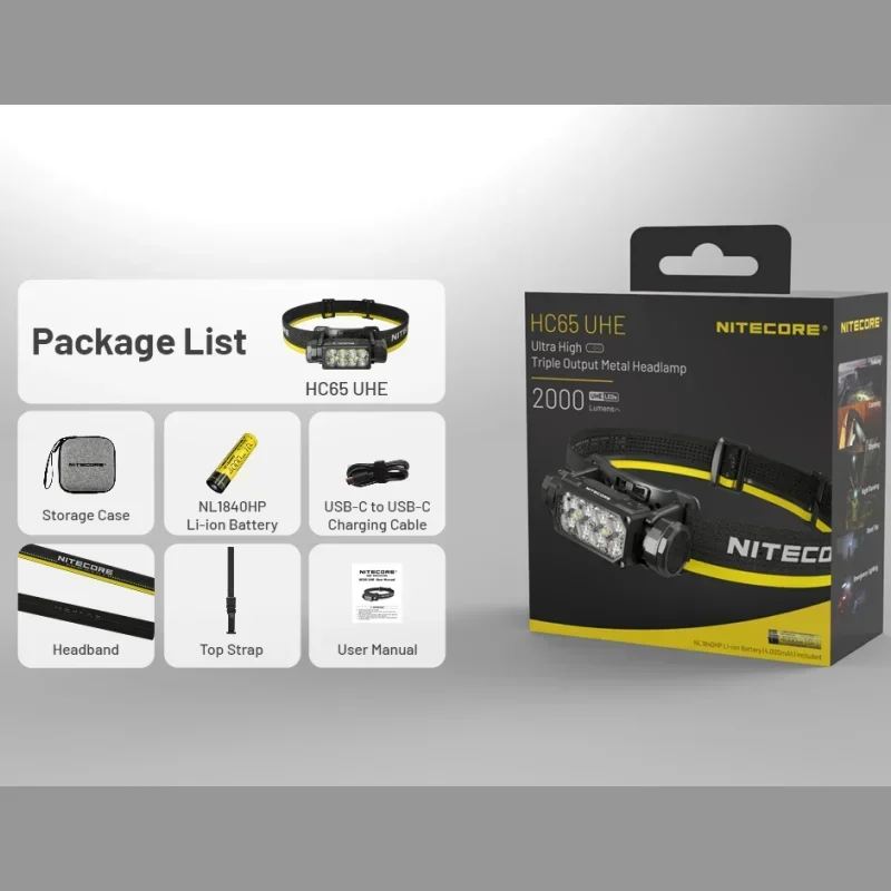 Linterna frontal NITECORE HC65 UHE de 2000 lúmenes USB-C recargable con blanco, rojo y luces de lectura que incluyen batería