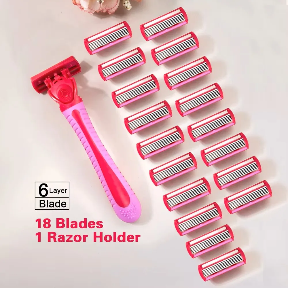 1 + 18 ใบมีด/ผู้หญิงคู่มือมีดโกน 6 ชั้นสแตนเลสกําจัดขนใบมีดโกนหนวดเปลี่ยนหัวโกน