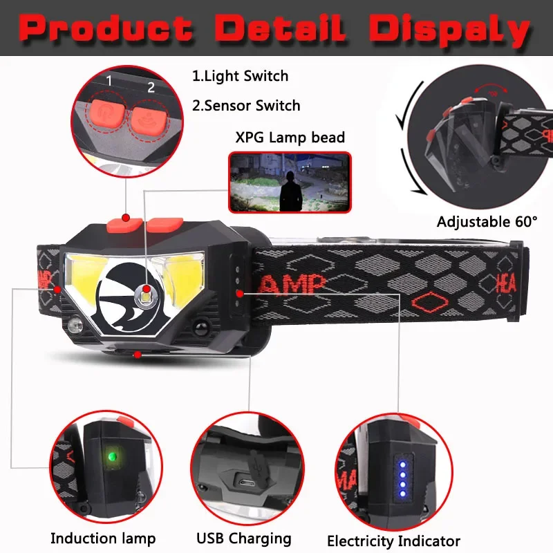 Poderoso sensor de led farol recarregável usb led cabeça tocha acampamento busca luz cabeça lanterna para pesca lanterna