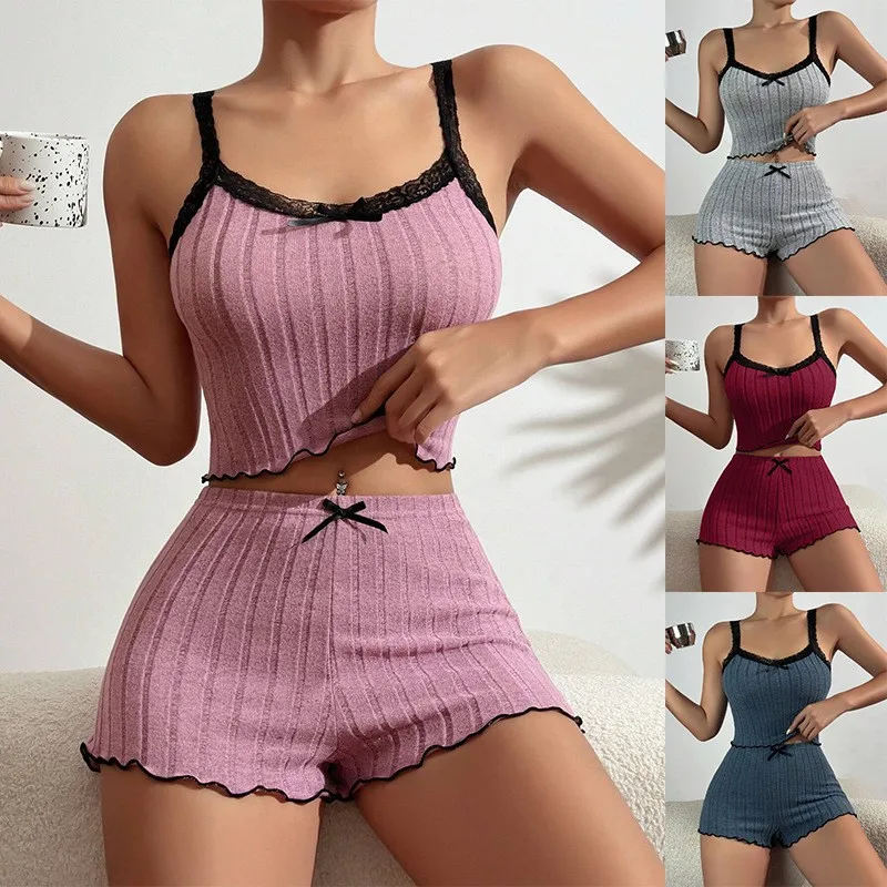 Verão novas mulheres conjunto de pijama de malha com nervuras renda guarnição arco cami colheita topo alface hem shorts loungewear pijamas bonito macio 2 peça