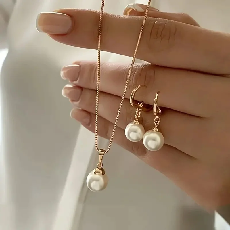 Conjunto de joyería de perlas redondas para mujer, collar con colgante de pendiente, exquisita moda, diamantes de imitación, doble conjunto de joyería de boda, regalo, 3 uds.