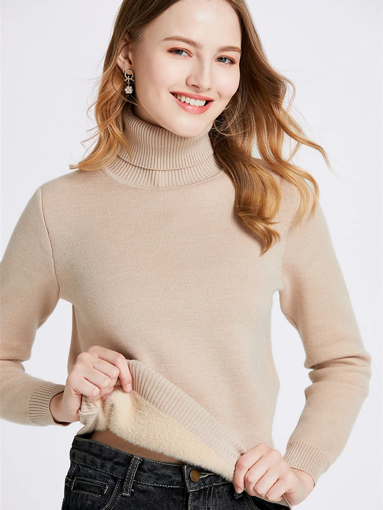 Jersey de punto grueso de felpa con forro polar para mujer, Jersey de punto suave y cálido, suéter de cuello alto, Top ajustado, novedad de Malhas