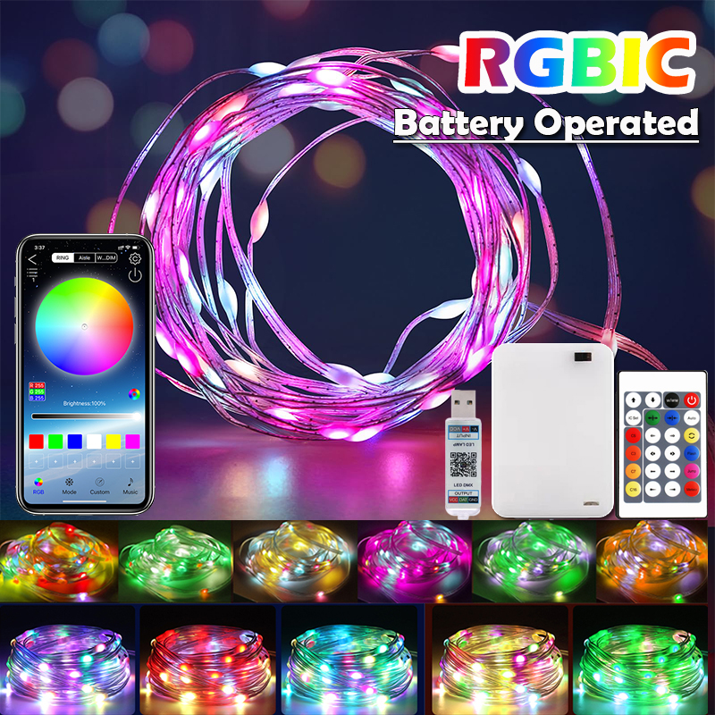Bluetooth RGBIC LED-Lichterkette mit batteriebetriebenen Dreamcolor Smart Fairy Lights Lichterketten, batteriebetriebene LED-Lichterkette für zu Hause
