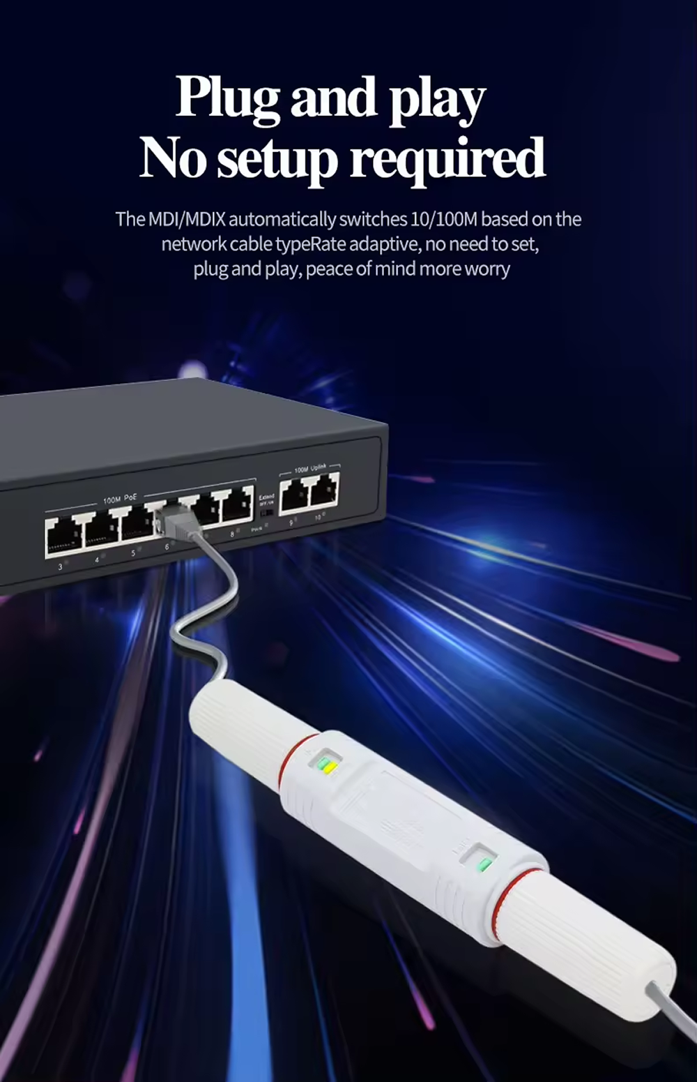 Extensor/repetidor POE para exteriores, resistente al agua, extensión de 200 metros, adaptador de inyector POE IEEE802.3at/af