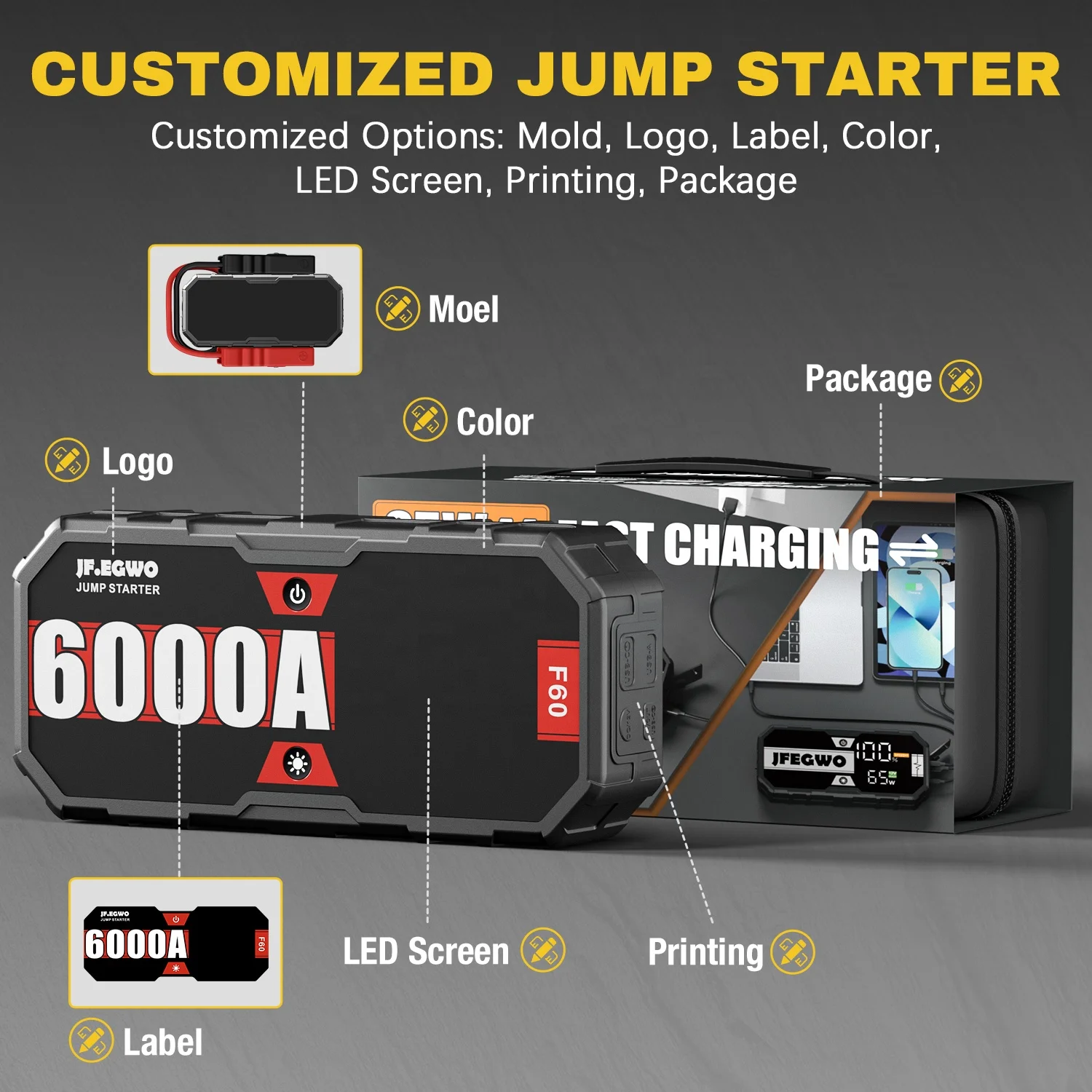 12V รถ 6000A Jump Starter 30000 MAh แบบพกพา Power Station สําหรับ 13L เครื่องยนต์เบนซิน 13 L ดีเซลเครื่องยนต์