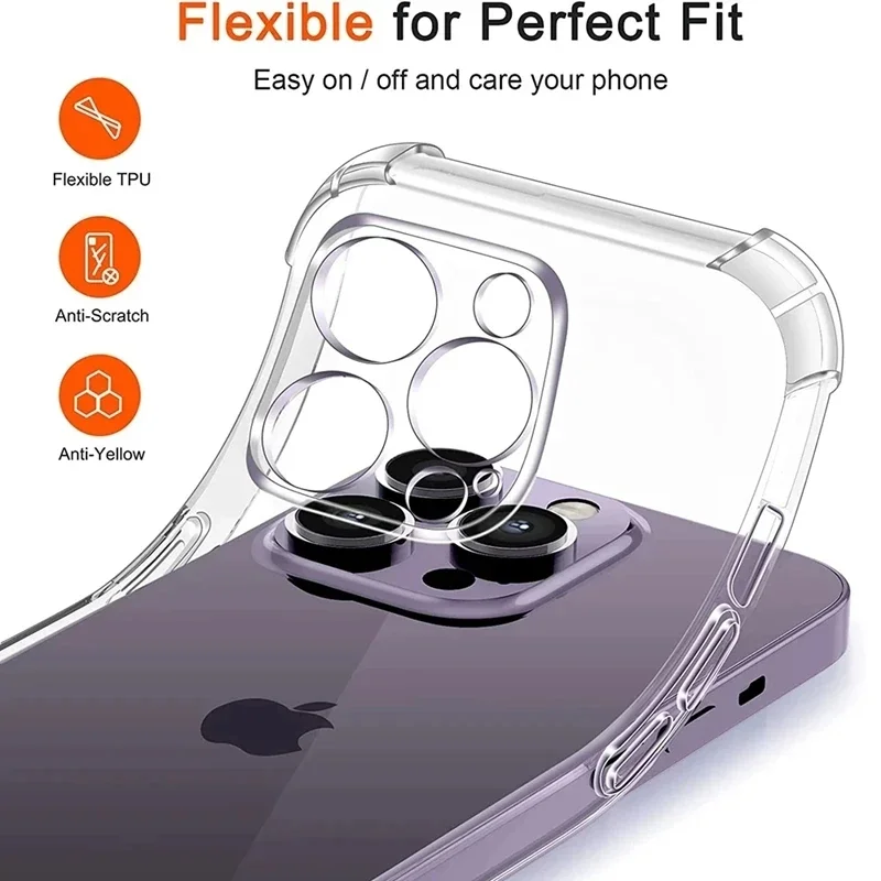 Funda de teléfono transparente de silicona a prueba de golpes para iPhone 13, 11, 12, 14 Pro Max, Mini funda trasera con protección de lente para iPhone 15 16 PRO XS X XR