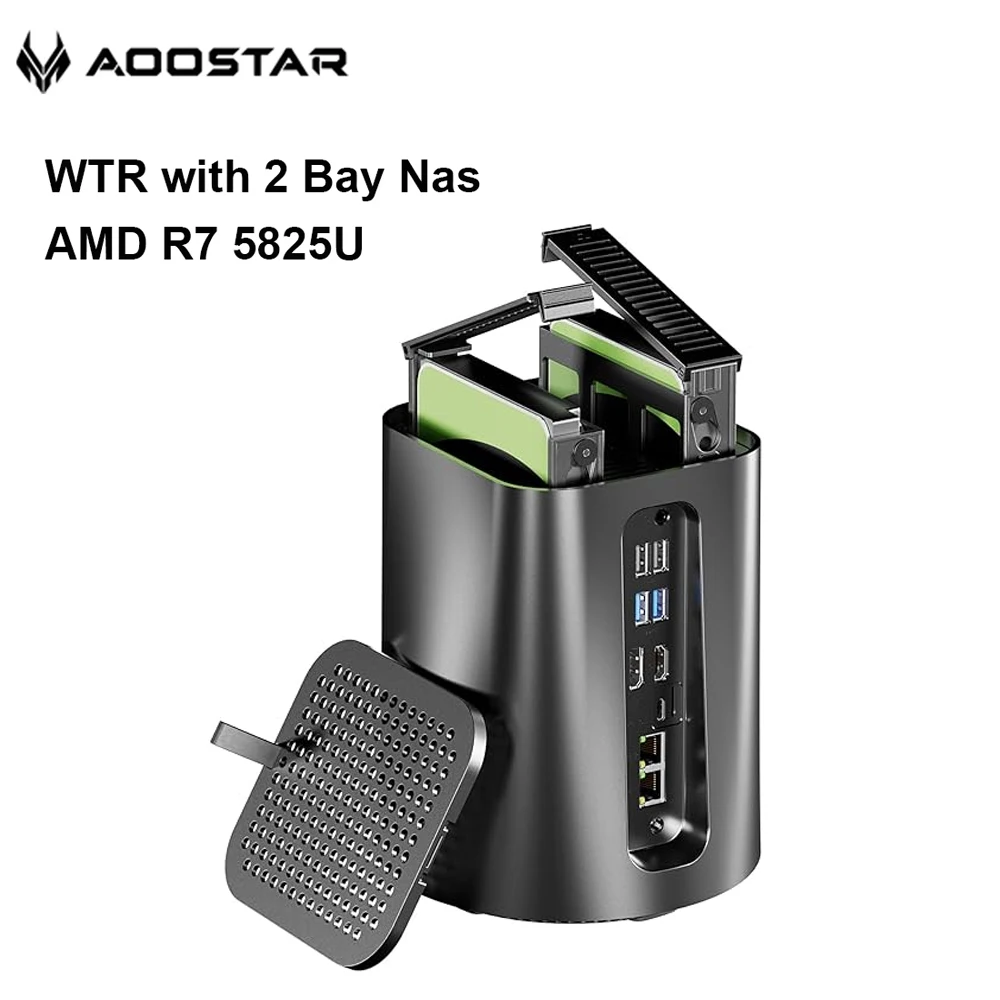 AOOSTAR WTR R7 5825U Mini PC 2-Bay NAS Ryzen 2x 2.5/3.5inch HDD RAID 8-Core WiFi6 Dual 2.5G LAN Virtualization/4K for PC/Tablet