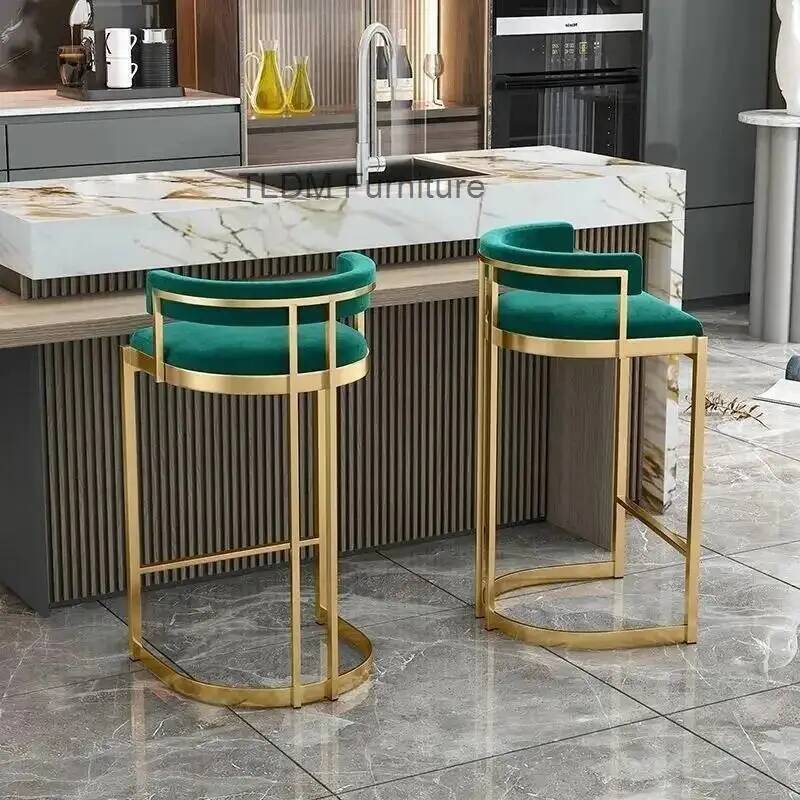 Back Kitchen Home Trendy Luxury Upholstered Bar High Chair Stool Curved Gold Modern Metal Frame Island Counter Dining Bar Stools