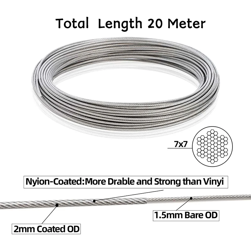 20 Mét Dây Dây Kit Đường Kính 2Mm Nylon Tráng 304 Thép Không Gỉ Cáp Trong Suốt Cho Cây Leo