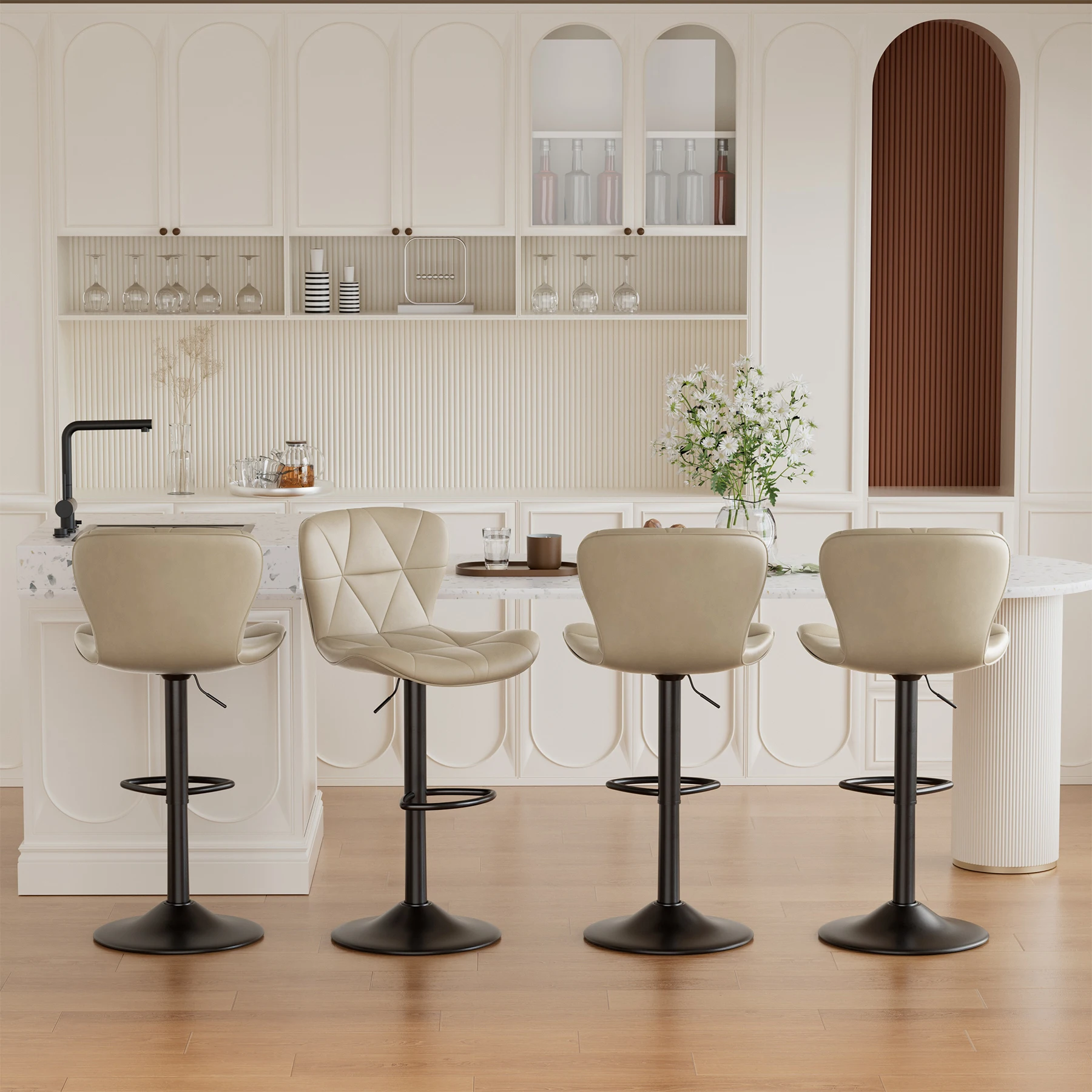 4Pcs Modern Bar Chair Set, Comfortable PU Leather, 360° Swivel Adjustable Height, Upholstered Kitchen Side Chair With Metal Legs