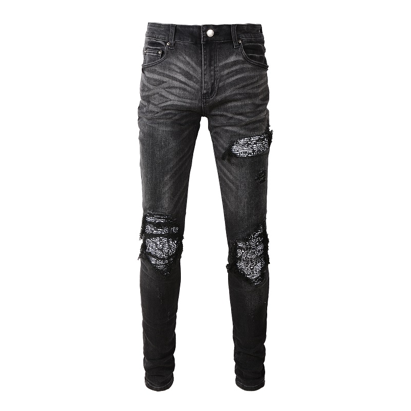 Männer Bandana Paisley Print Patch Jeans Streetwear Patchwork Löcher Zerrissene Biker Hosen Skinny Tapered Schwarz Stretch Denim Hosen