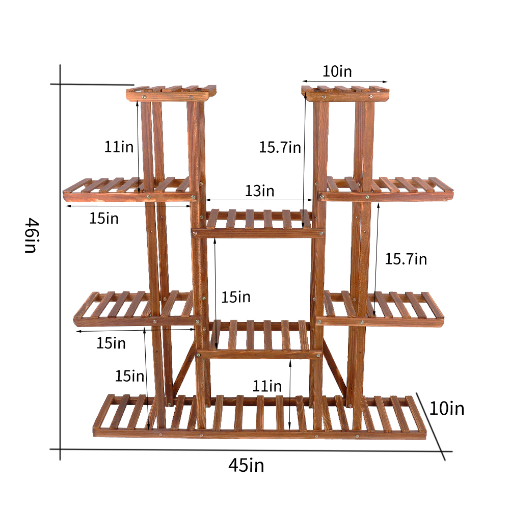 Soporte grande para plantas de madera de 11 niveles, estante para macetas carbonizado de alta ampliación, tienda de flores, oficina, jardín, interior y exterior
