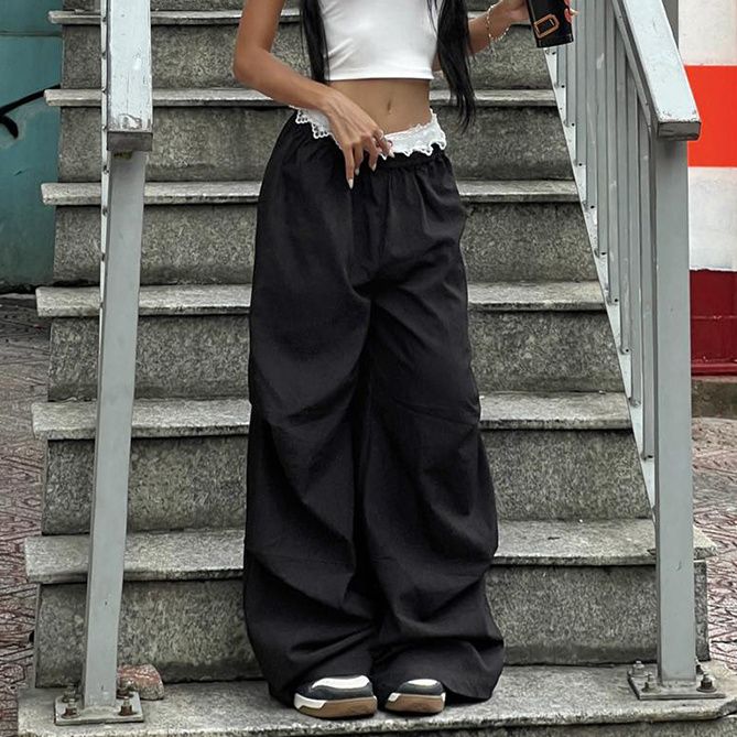 Pantalon décontracté brodé en dentelle de rue pour femmes, taille basse, Look ample, fin, épicé, jambes larges