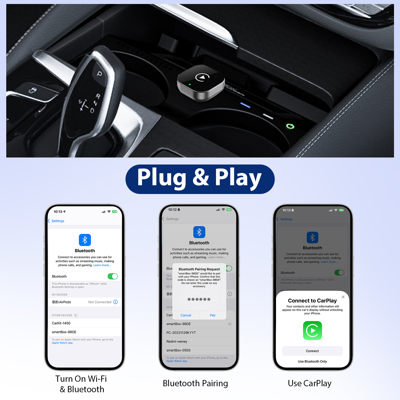 2 IN 1 Wireless Carplay Adapter, Converts Wired to Wireless carplay Adapter for iPhone, Wireless Control Plug & Play Carplay