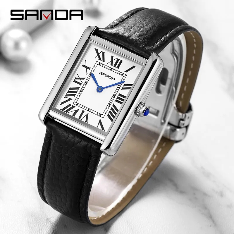 Sanda-relógios de pulso masculinos e femininos, marca de luxo, impermeável, quartzo, com pulseira de couro, quadrado, novo, 1108, 9031