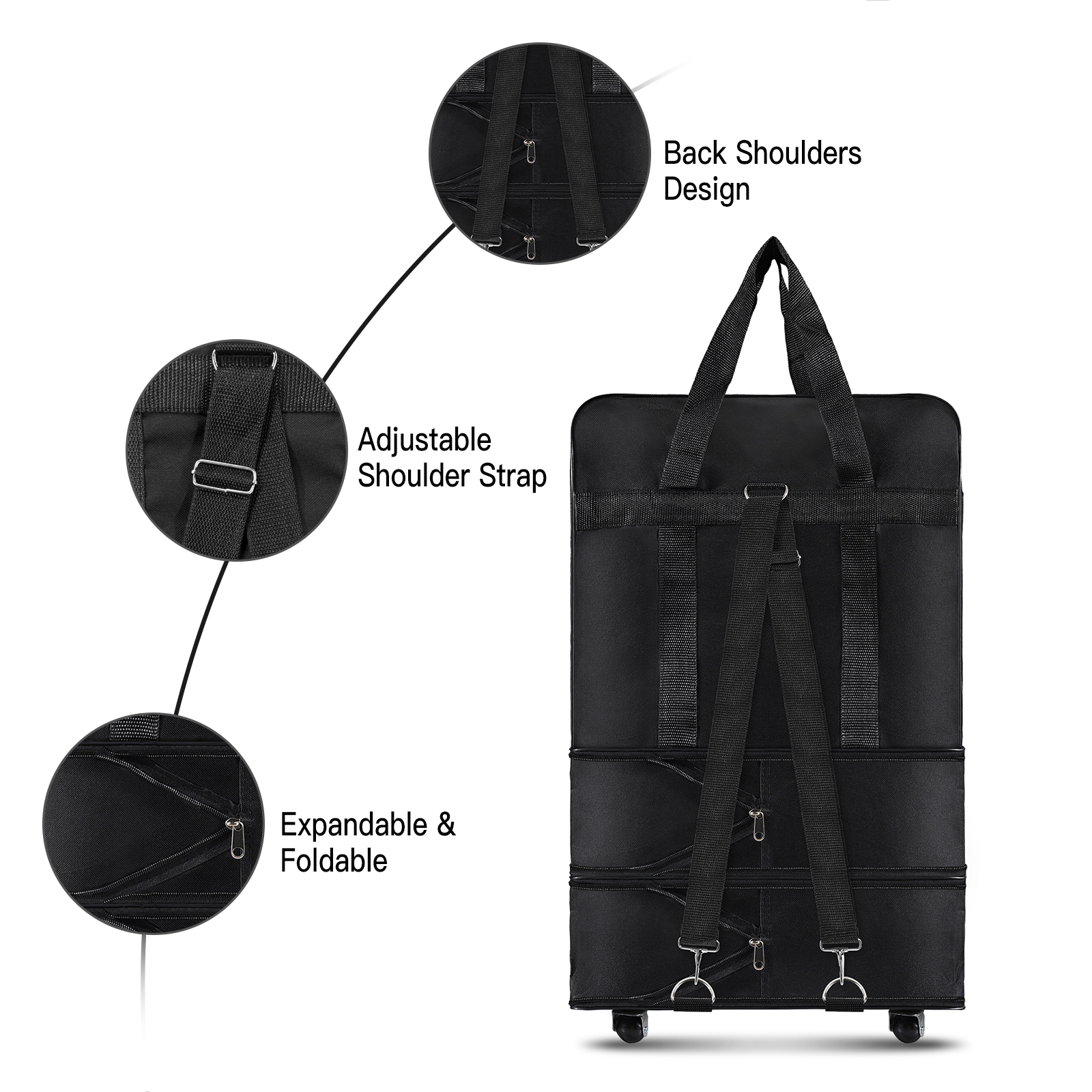 S/M/L Size Travelling Pack Wheels For Women Men Expandable Foldable Trolley Luggage Versatile Black Suitcase For Weekend Trip