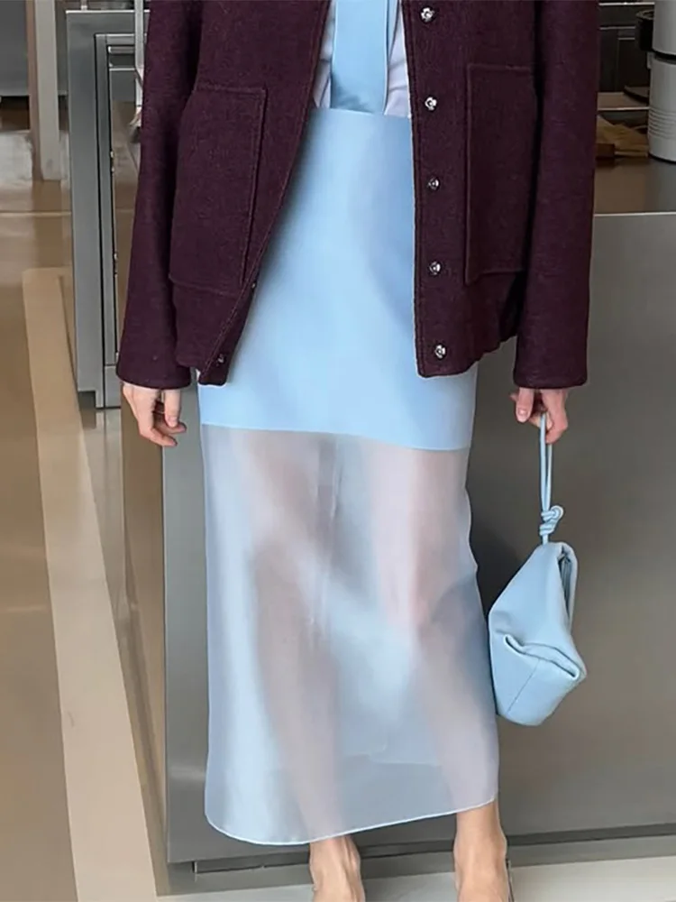 Trendix-faldas transparentes de malla de retales para mujer, ropa de calle informal de cintura alta a la moda para ir al trabajo, falda elegante para fiesta de vacaciones 2025