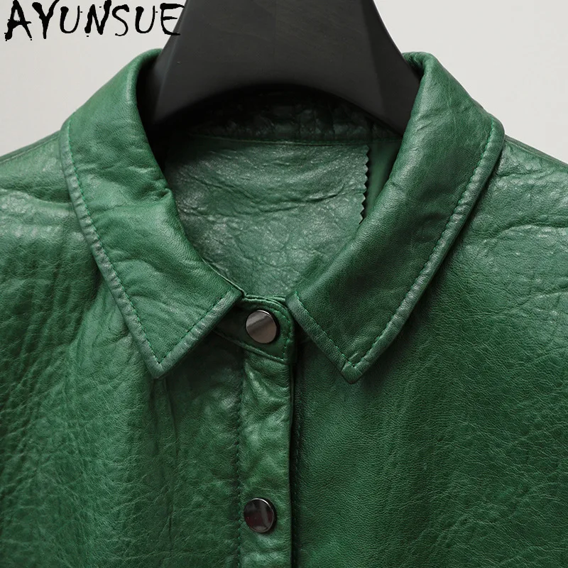 Ayuntsue แจ็กเก็ตหนังแกะเคลือบแว็กซ์น้ำมันแท้สำหรับผู้หญิงแจ็กเก็ตสีเขียววินเทจแฟชั่นฤดูใบไม้ร่วงเสื้อผ้า2024