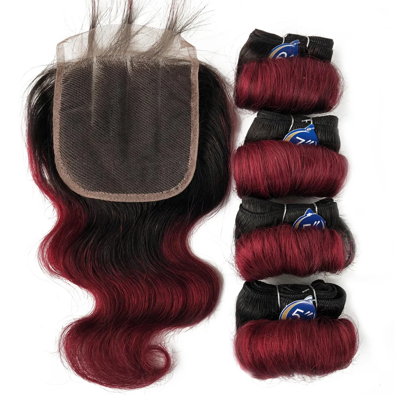 Onda do corpo brasileiro pacotes com fechamento pacotes de cabelo humano com fechamento extensões tecer cabelo humano 1b 27 30 cor borgonha