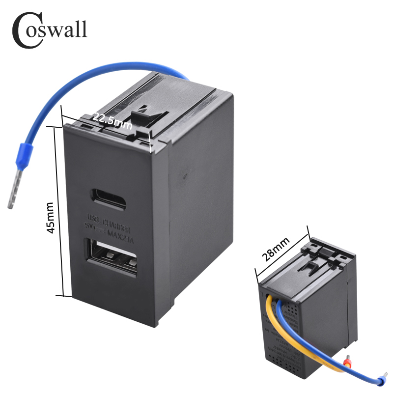 Серия COSWALL E45/P45, белая/черная, 45*2,5 мм, настенная розетка Type-C и A, зарядное устройство с двумя USB-портами, 5 В постоянного тока, 2 А, макс. Модуль DIY AC 100-240В